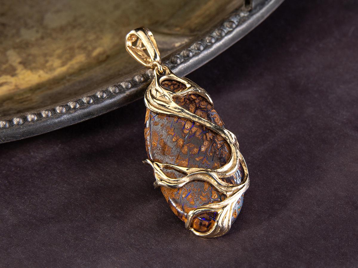 Boulder Opal Gold Pendant Oval Fine Jewelry Art Nouveau style For Sale 1