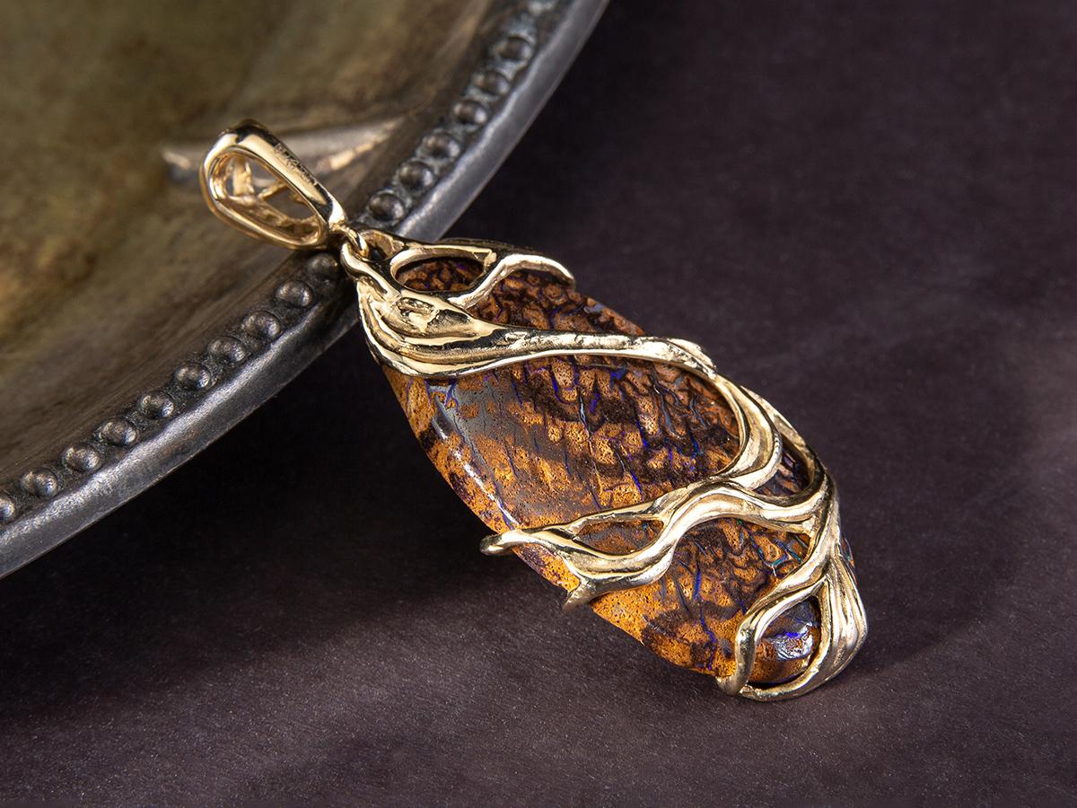 Boulder Opal Gold Pendant Oval Fine Jewelry Art Nouveau style For Sale 2