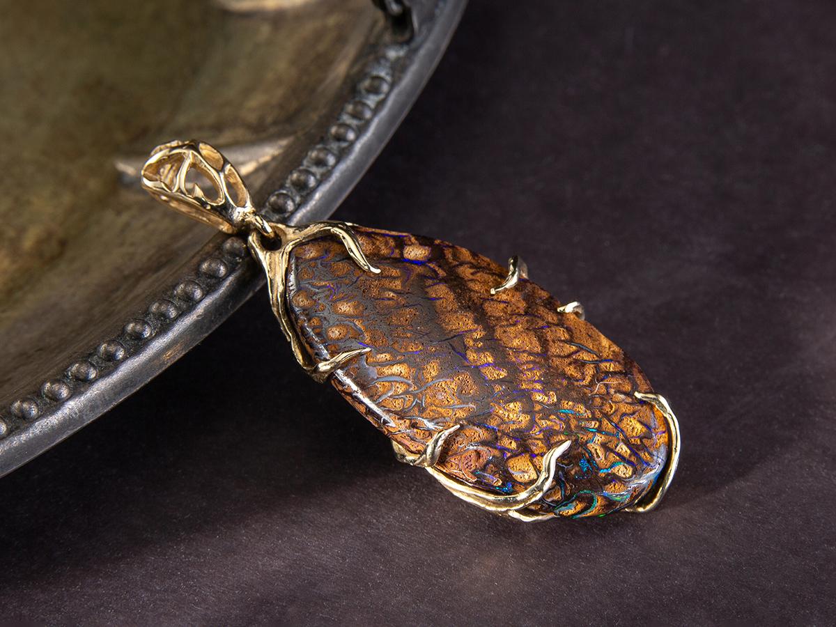 Boulder Opal Gold Pendant Oval Fine Jewelry Art Nouveau style For Sale 3