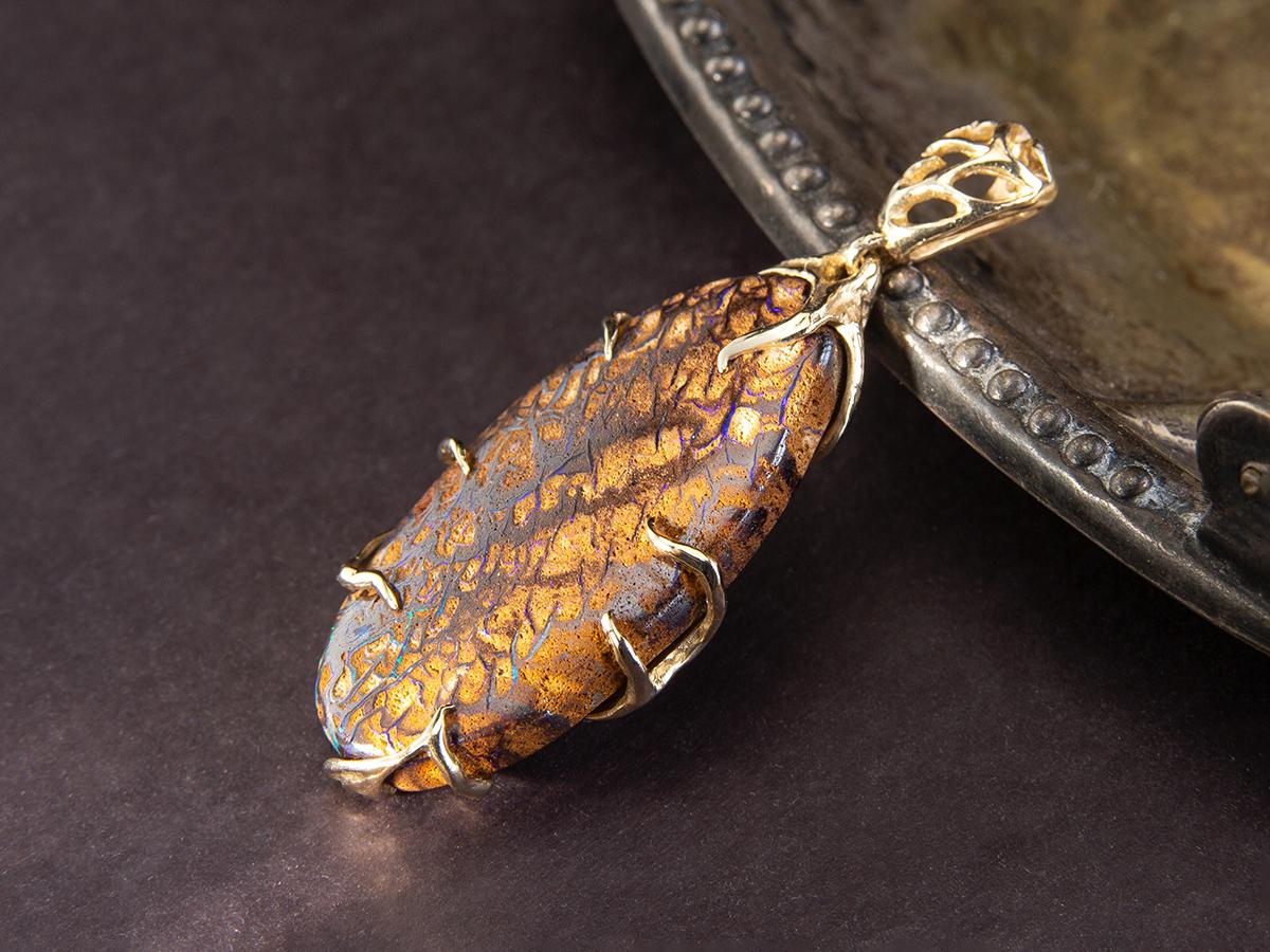 Boulder Opal Gold Pendant Oval Fine Jewelry Art Nouveau style For Sale 4