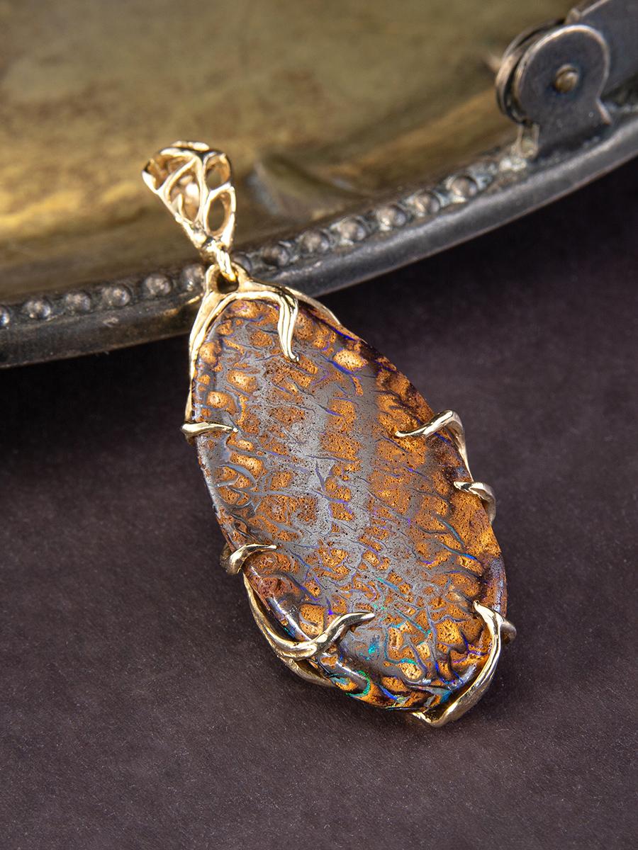 Boulder Opal Gold Pendant Oval Fine Jewelry Art Nouveau style For Sale 5