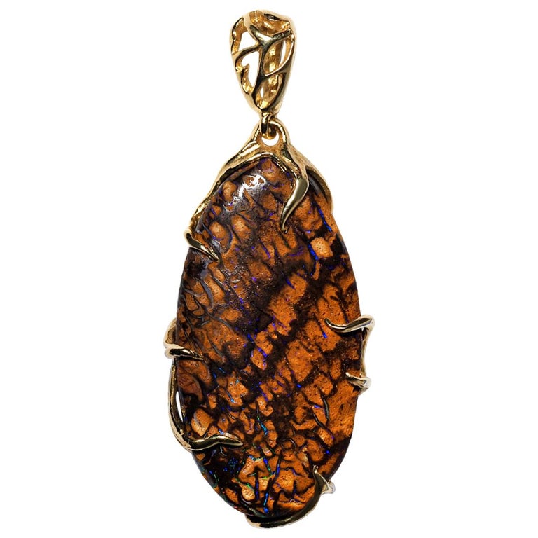 Boulder Opal Gold Pendant Oval Fine Jewelry Art Nouveau style For Sale