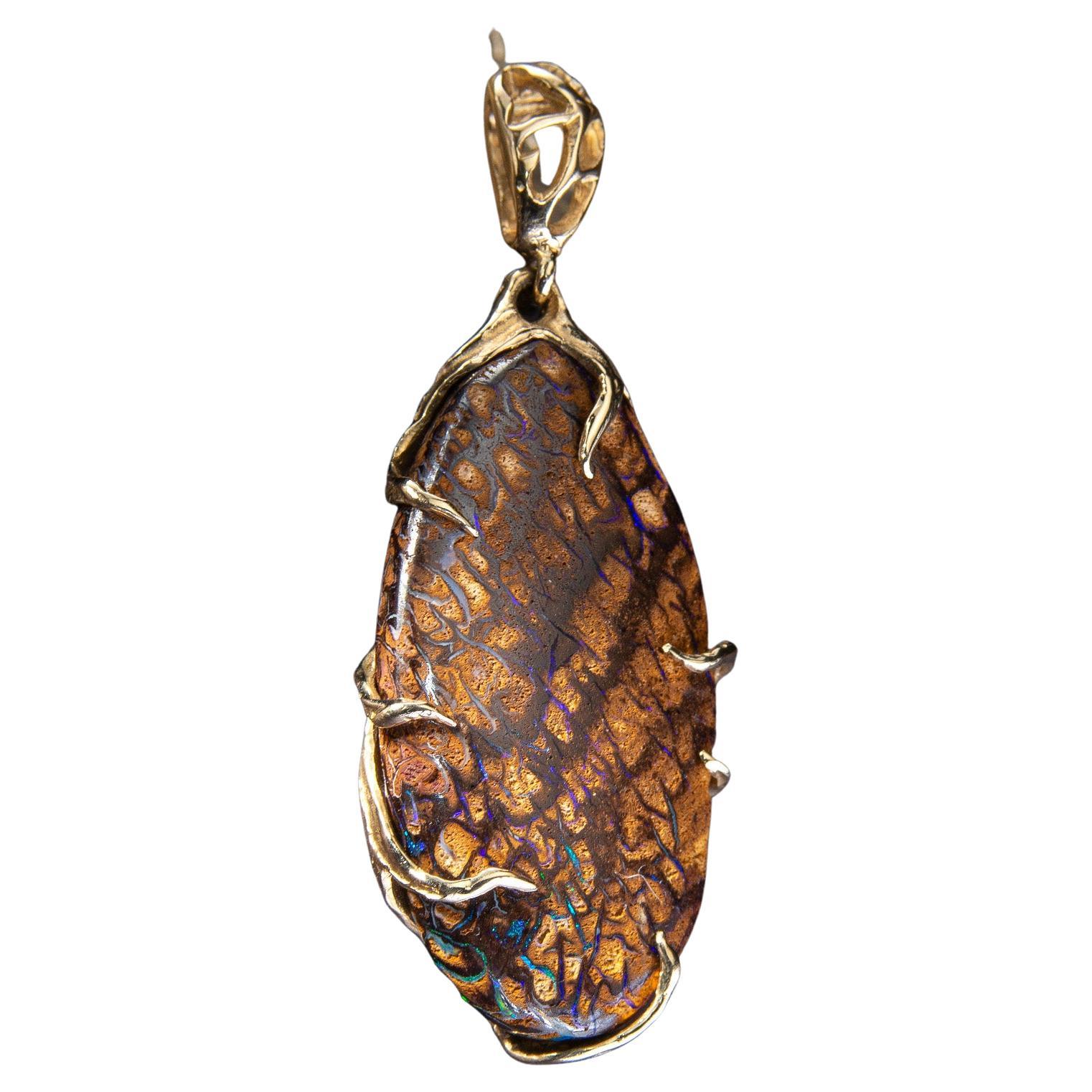 Boulder Opal Gold Pendant Oval Fine Jewelry Art Nouveau style For Sale