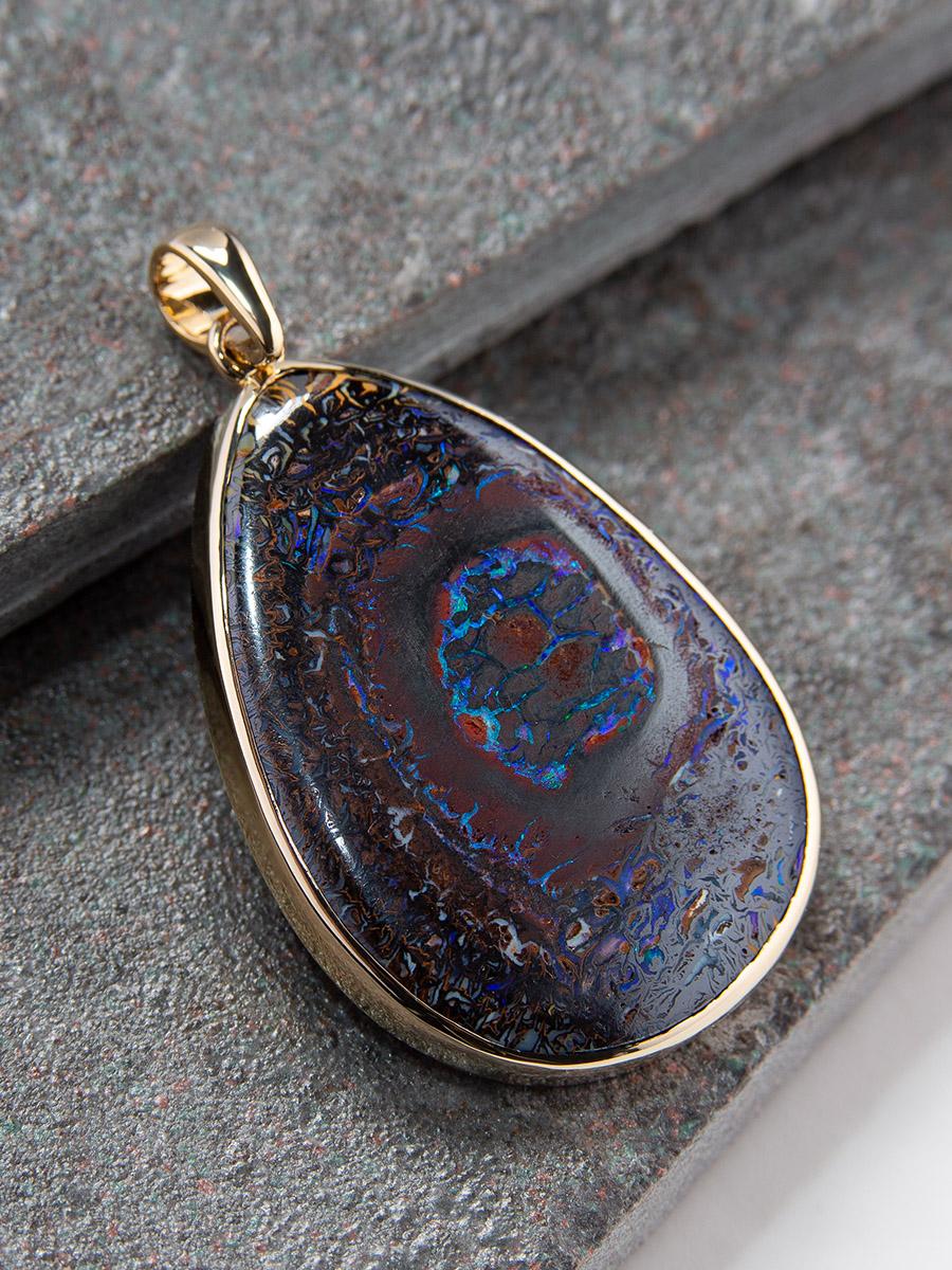 Artisan Boulder Opal Gold Pendant Polychrome Natural Australian Gem For Sale