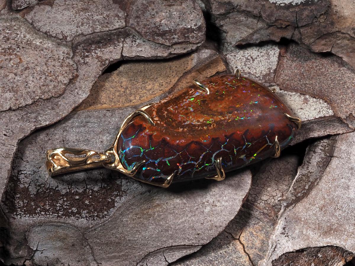 Artisan Boulder Opal Gold Pendant Russet Brown Australian Gemstone vintage style gift For Sale