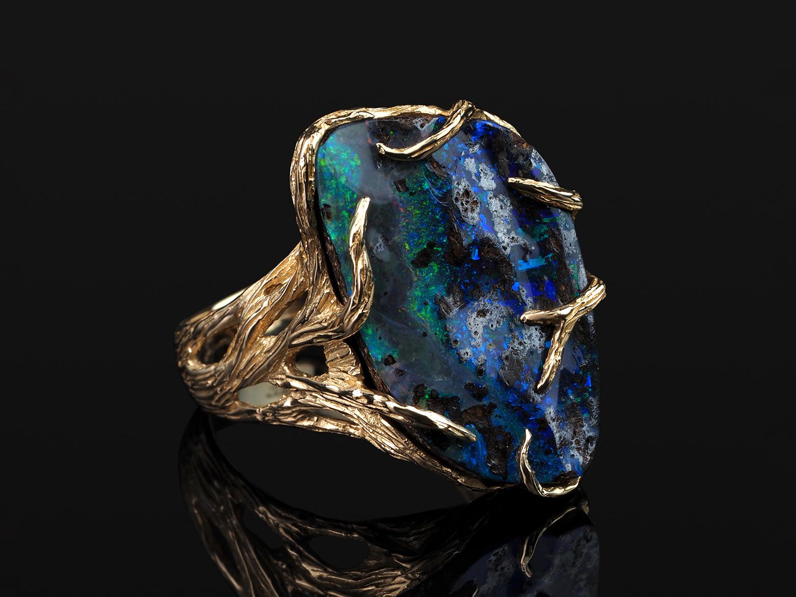 Boulder Opal Gold Ring Multicolor natürlichen Edelstein Maleficent Stil Muster Opal für Damen oder Herren im Angebot