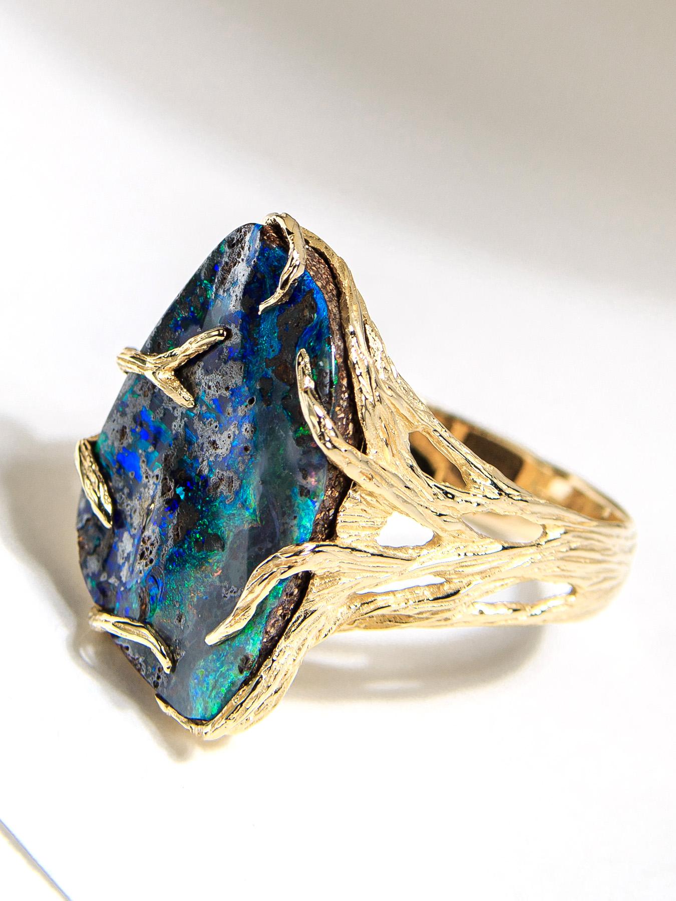 Boulder Opal Gold Ring Multicolor natürlichen Edelstein Maleficent Stil Muster Opal im Angebot 9