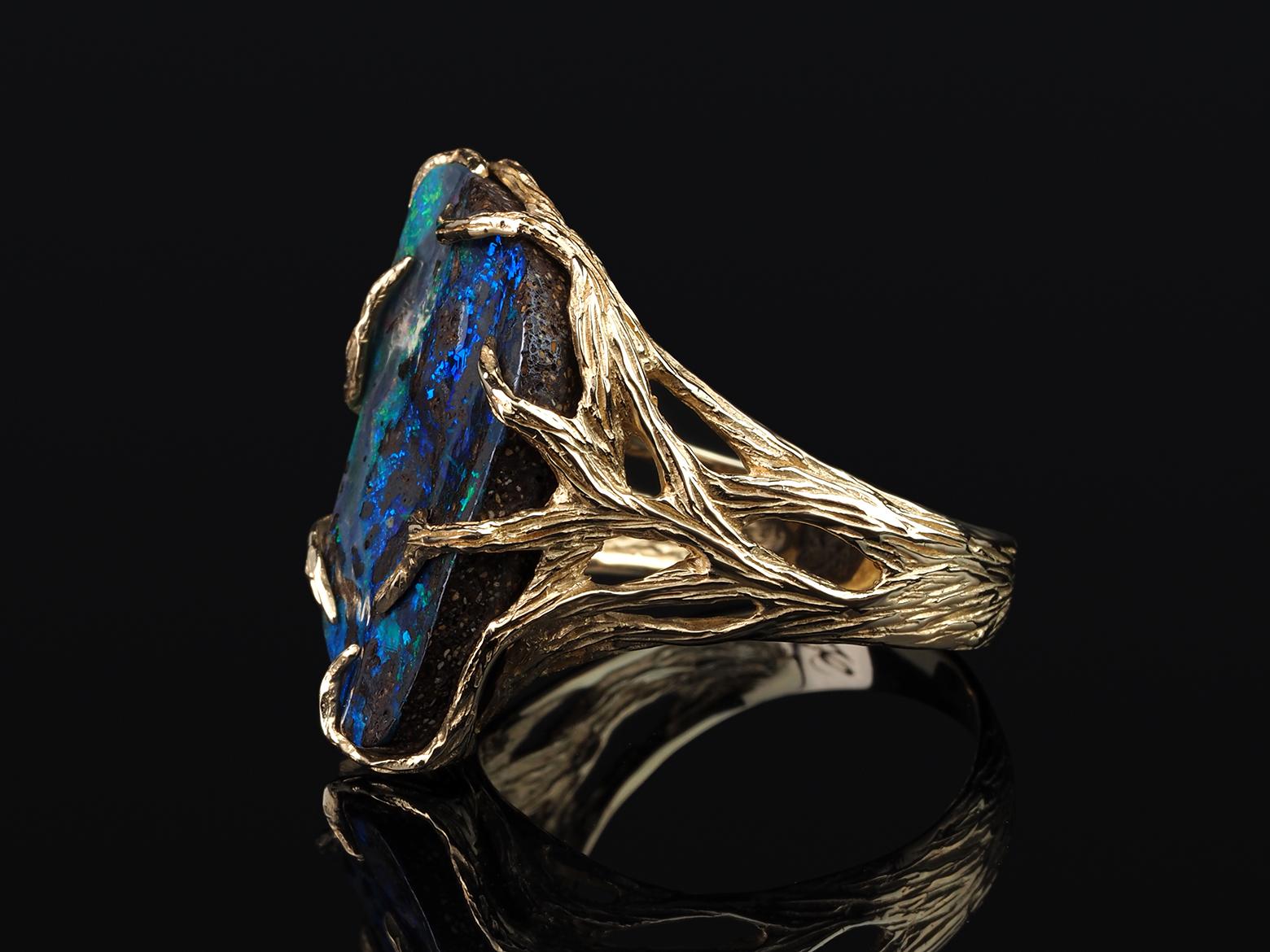 Boulder Opal Gold Ring Multicolor natürlichen Edelstein Maleficent Stil Muster Opal im Angebot 2