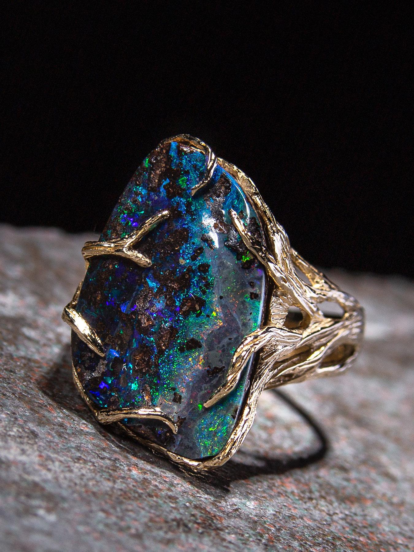 Boulder Opal Gold Ring Multicolor Natural Gemstone Maleficent Style Pattern Opal For Sale 2