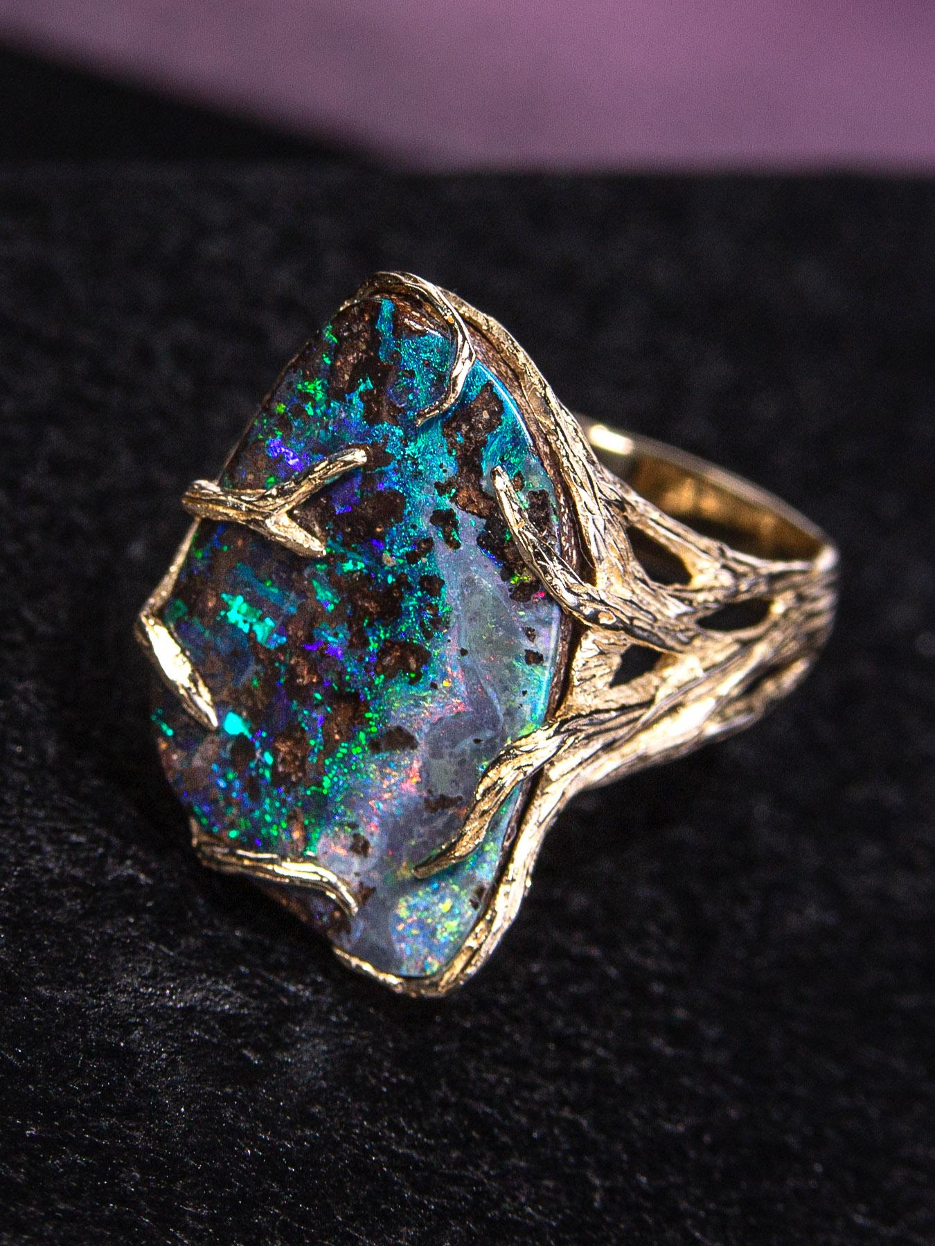 Boulder Opal Gold Ring Multicolor Natural Gemstone Maleficent Style Pattern Opal For Sale 4