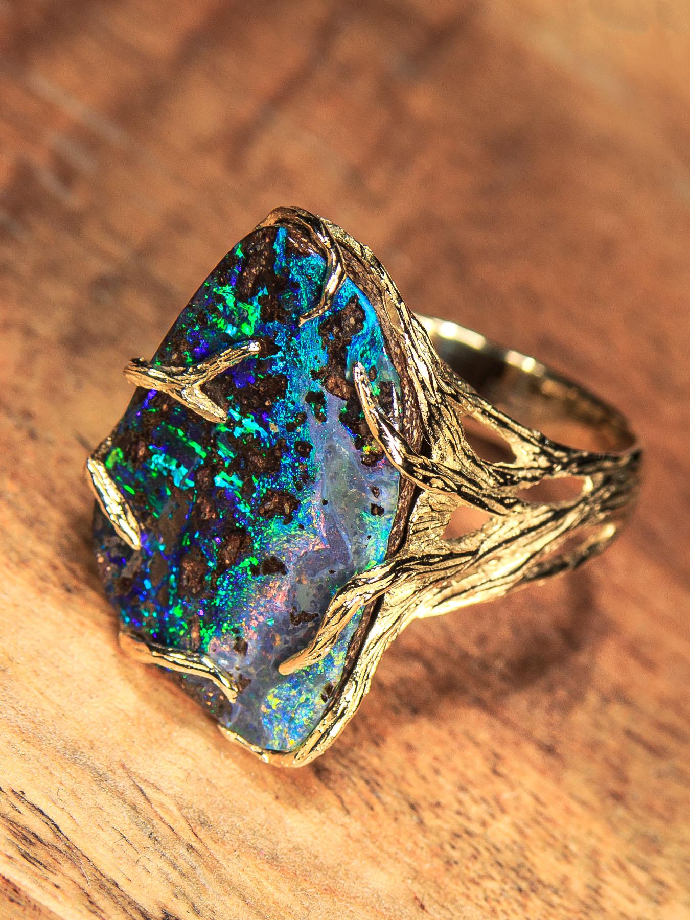 Boulder Opal Gold Ring Multicolor Natural Gemstone Maleficent Style Pattern Opal For Sale 5