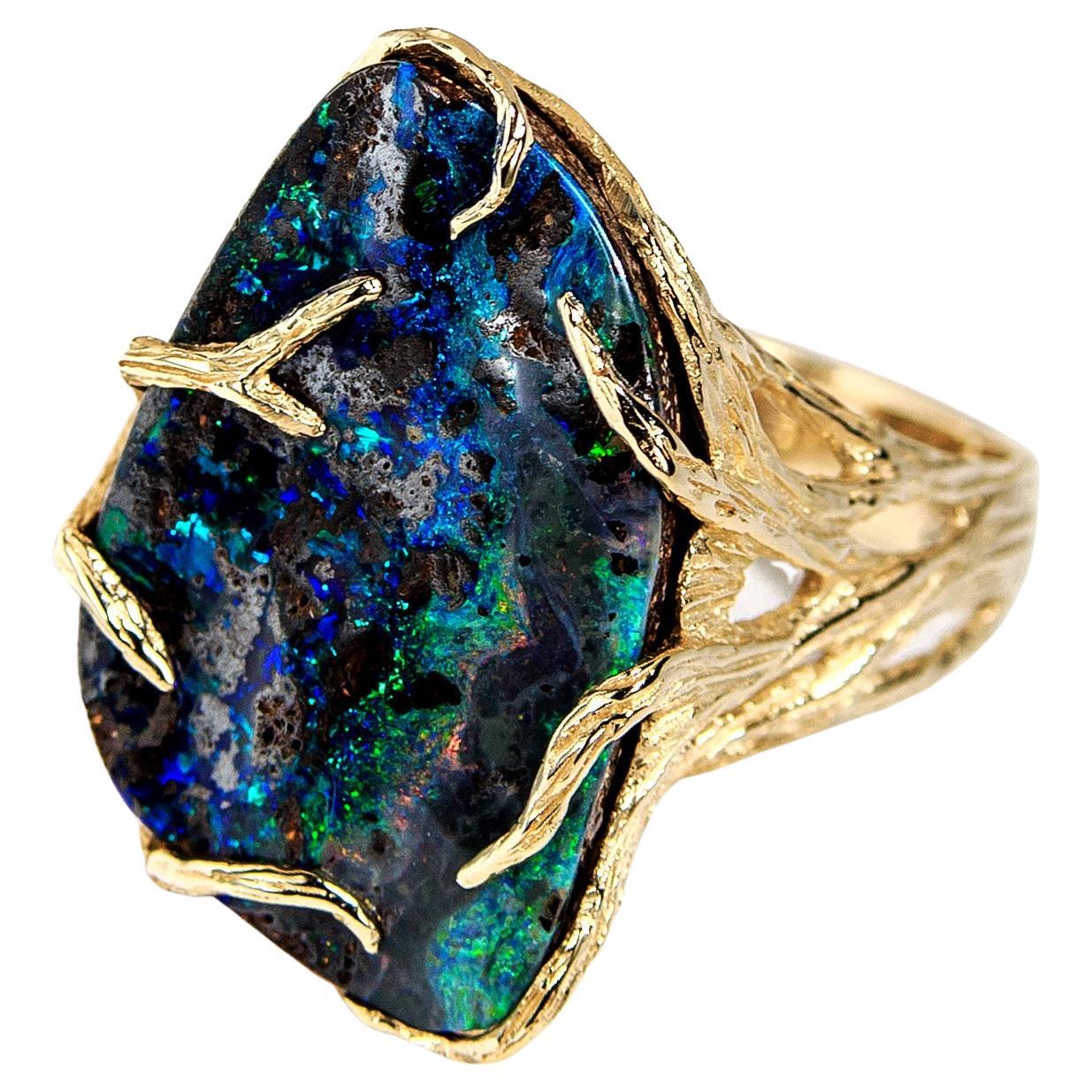 Boulder Opal Gold Ring Multicolor Natural Gemstone Maleficent Style Pattern Opal For Sale