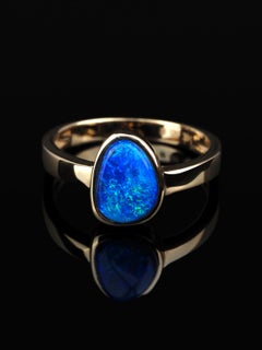 Boulder Opal Gold Ring Shimmering Australian Stone Cobalt Blue Colour gift wife
