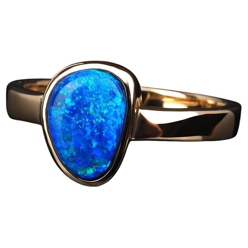 Boulder Opal Gold Ring Shimmering Australian Stone Cobalt Zinc Blue Space Unisex For Sale