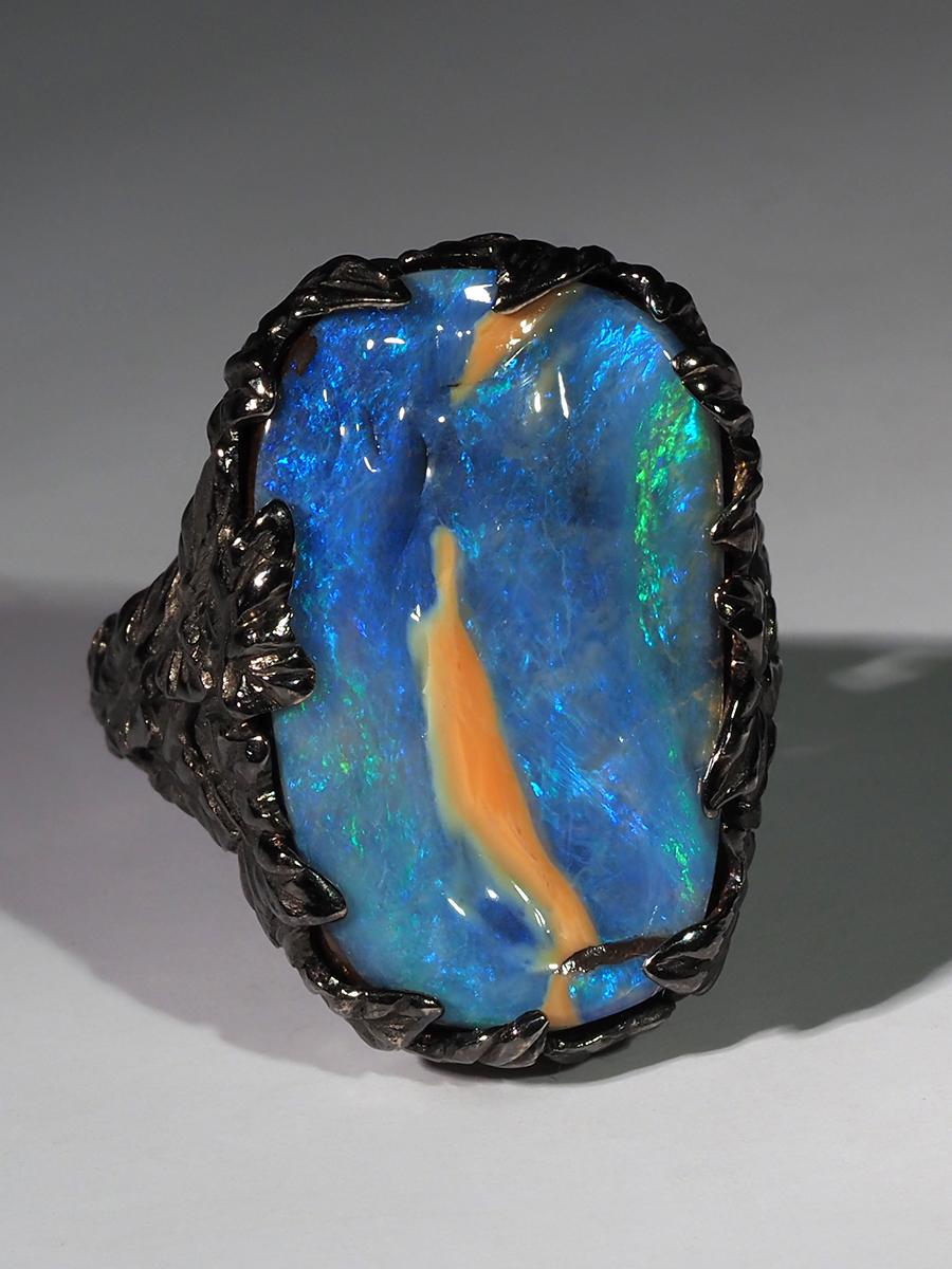 Boulder Opal Ivy Black Gold Ring Bright Blue Opalscent Gemstone Kingfisher Bird 1