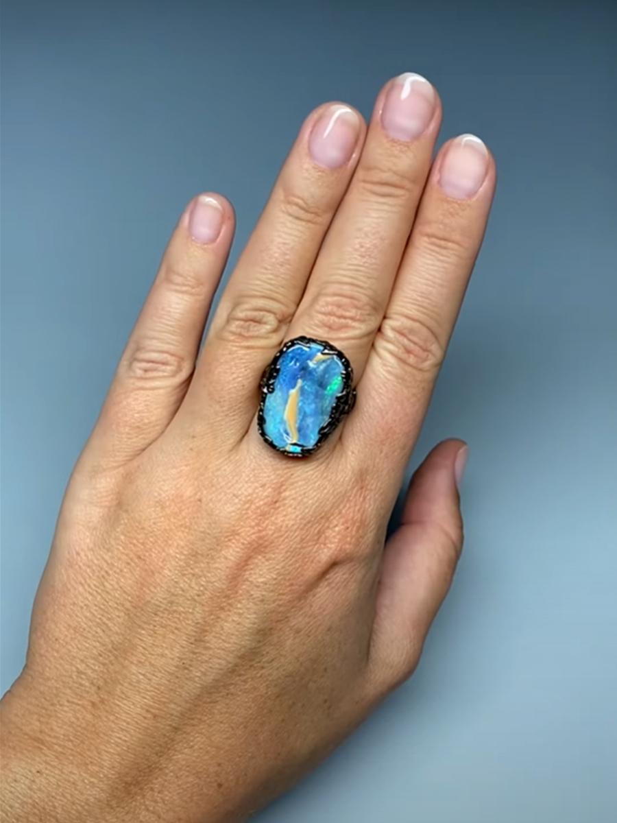 Art Nouveau Boulder Opal Ivy Black Gold Ring Bright Blue Opalscent Gemstone Kingfisher Bird