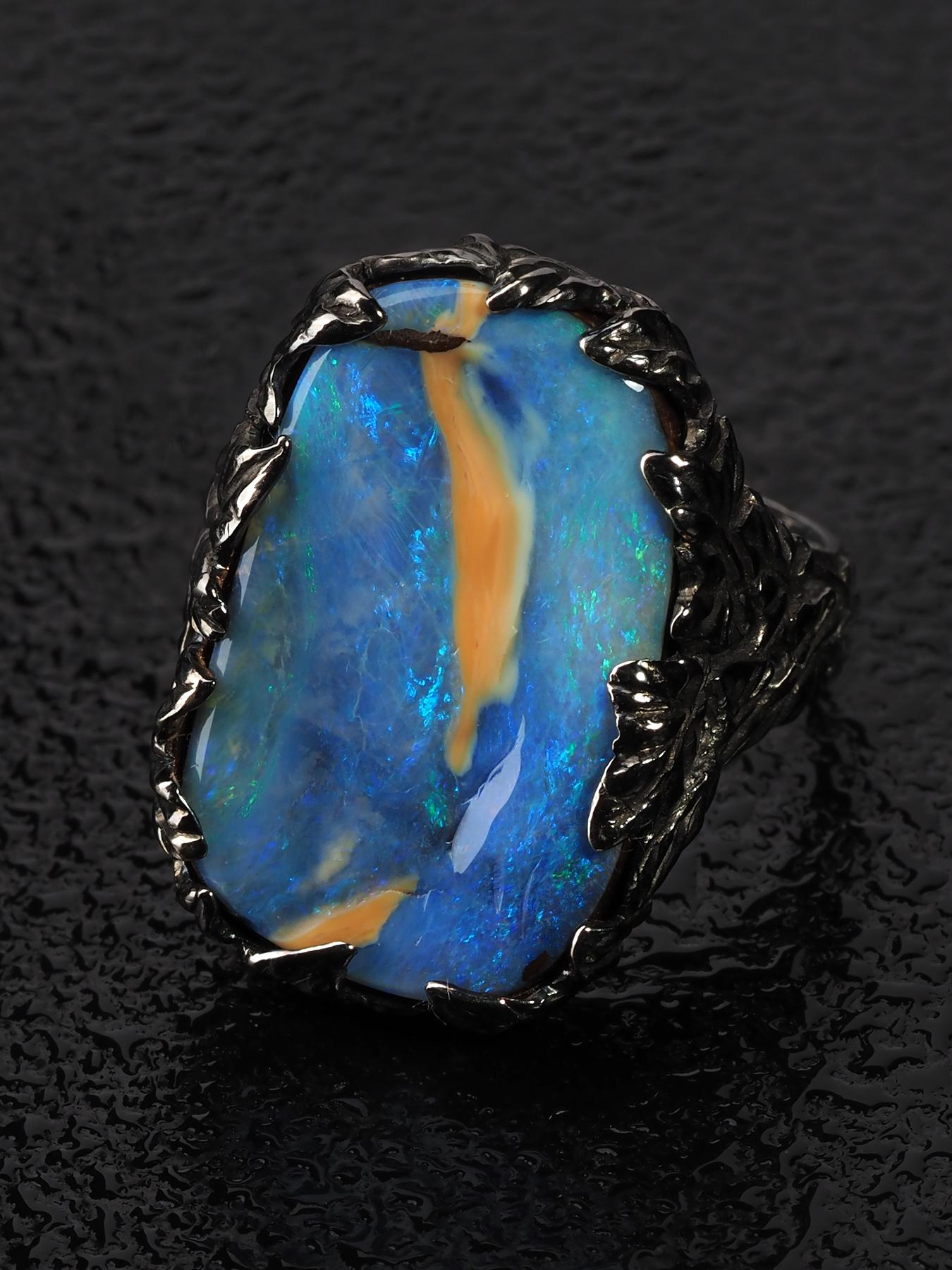 Women's or Men's Boulder Opal Ivy Black Gold Ring Bright Blue Opalscent Gemstone Kingfisher Bird