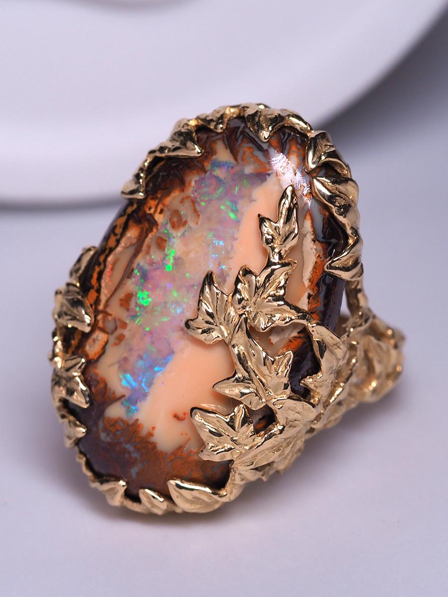Boulder Opal Ivy Gold Ring Australian Gemstone Peach Color Statement Jewelry For Sale 4