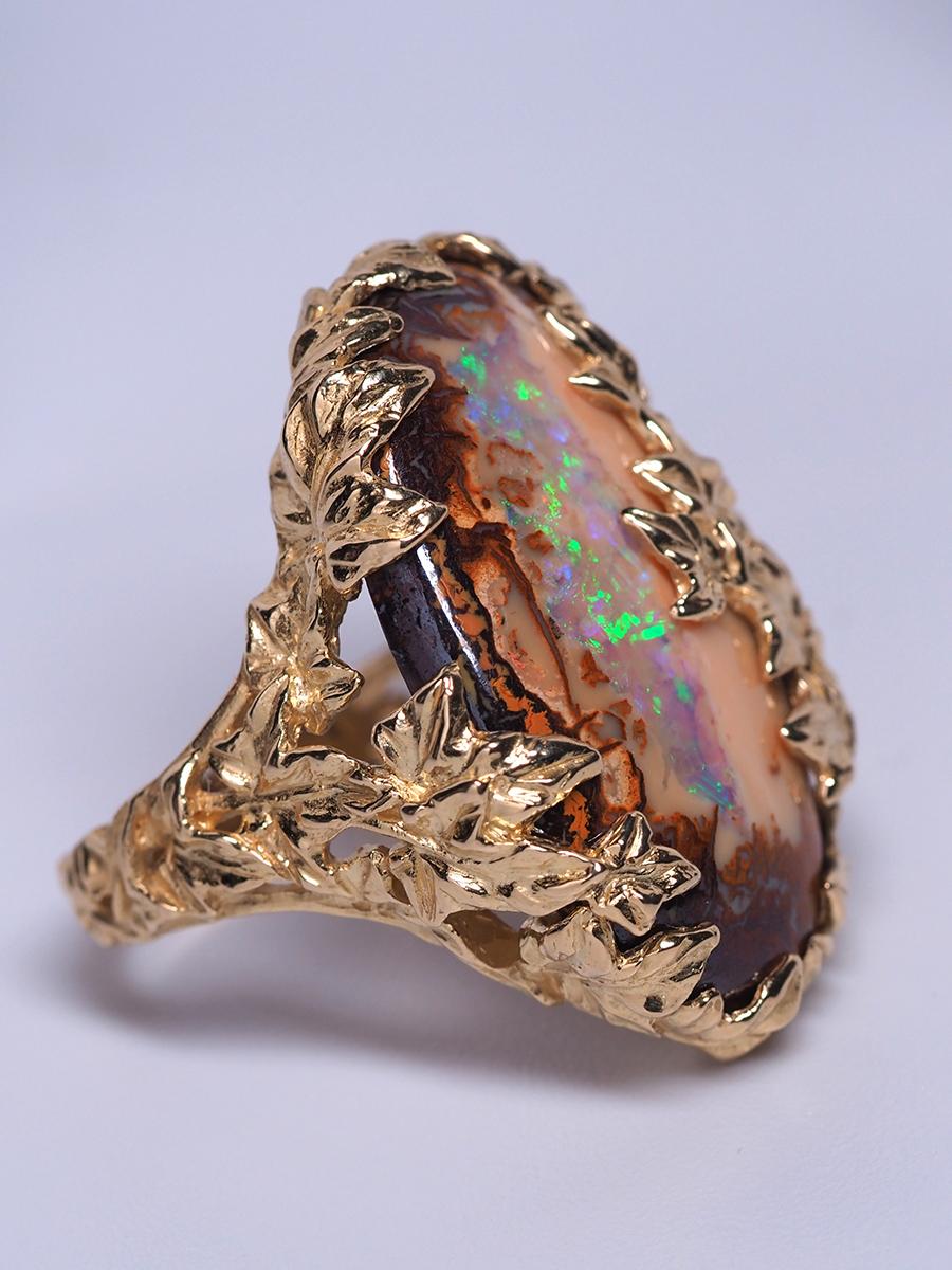 Boulder Opal Ivy Gold Ring Australian Gemstone Peach Color Statement Jewelry For Sale 6