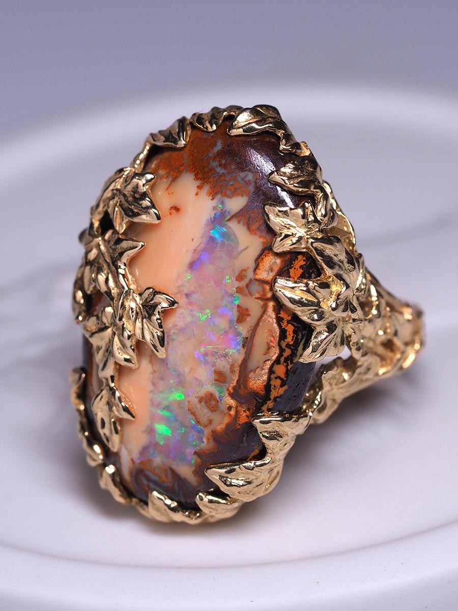 Women's or Men's Boulder Opal Ivy Gold Ring Australian Gemstone Peach Color Statement Jewelry For Sale