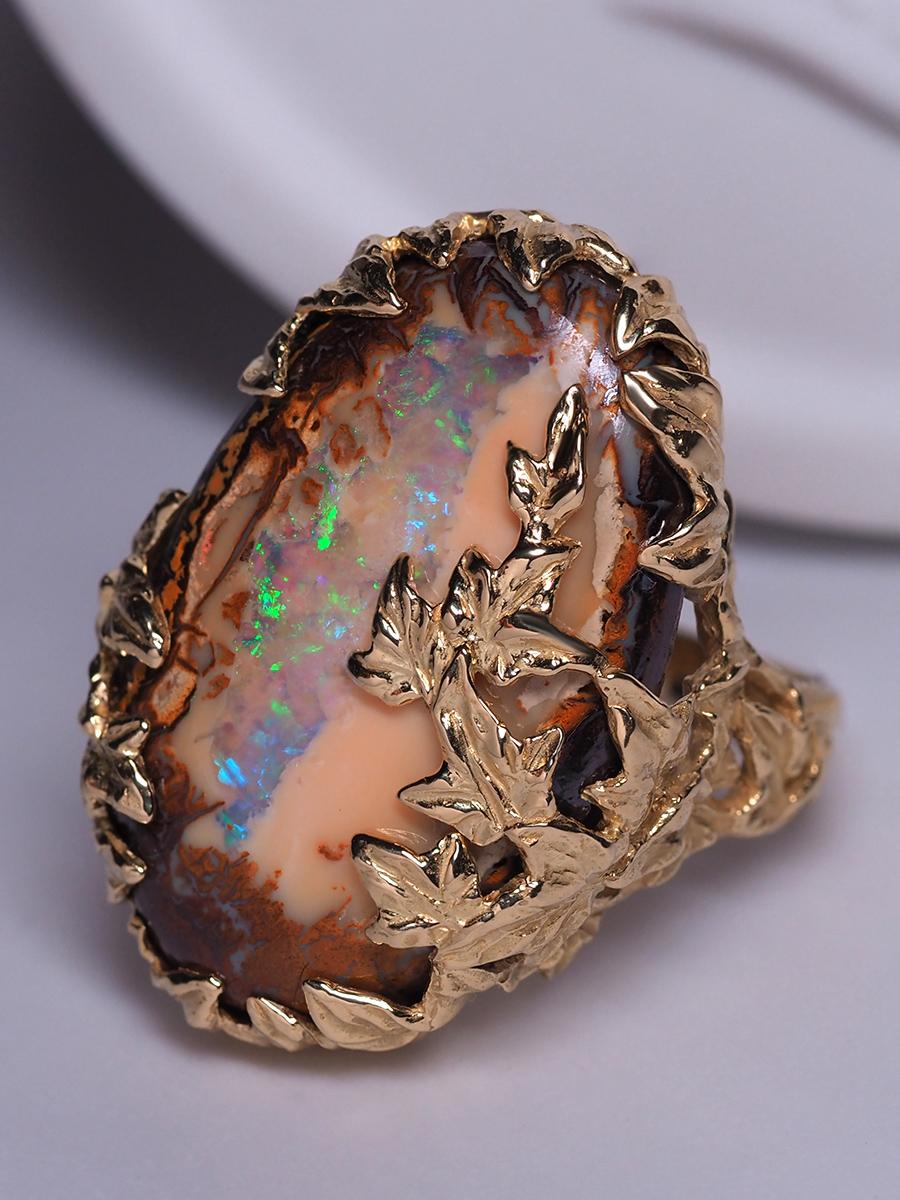 Boulder Opal Ivy Gold Ring Australian Gemstone Peach Color Statement Jewelry For Sale 1
