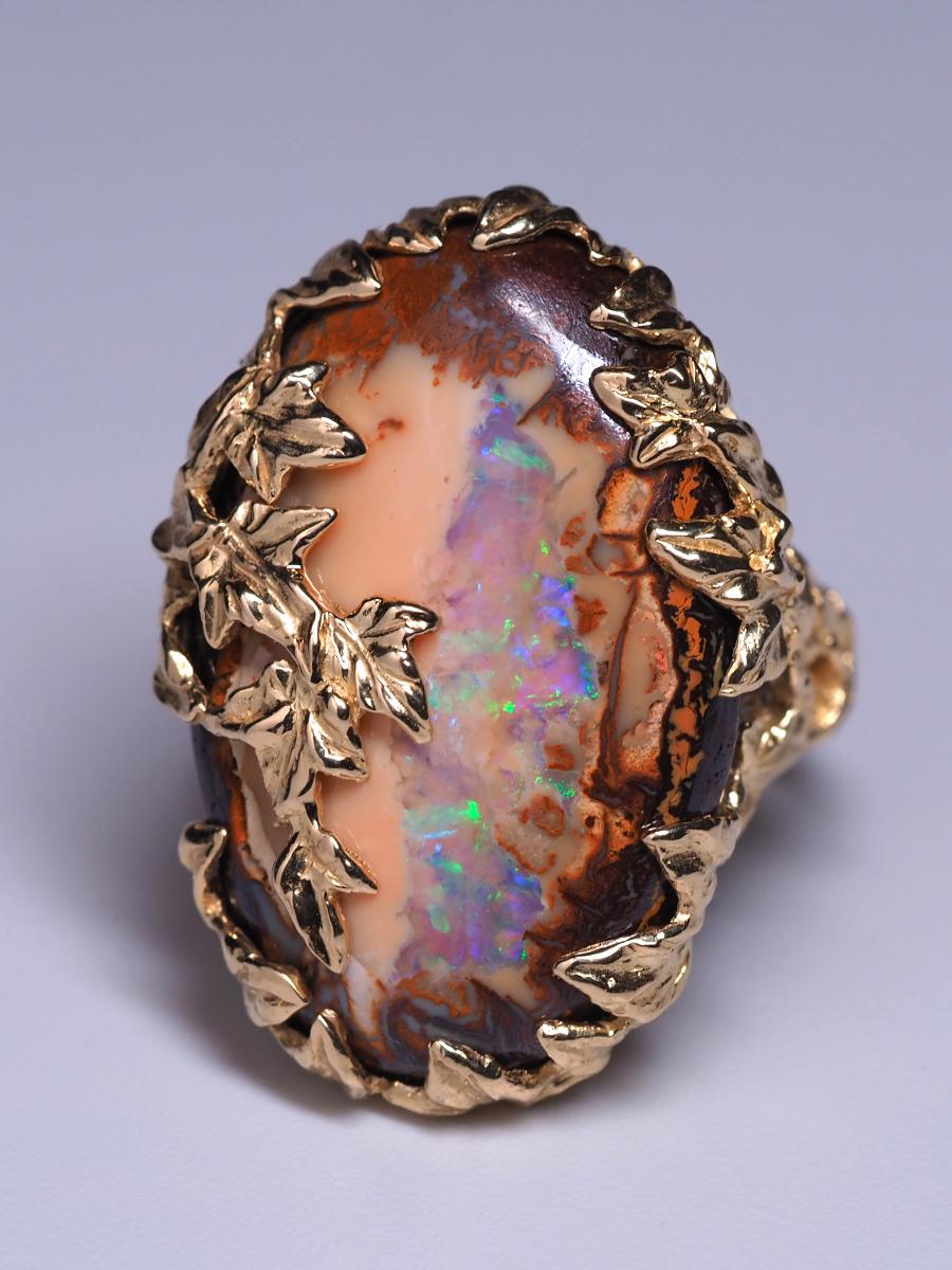 Boulder Opal Ivy Gold Ring Australian Gemstone Peach Color Statement Jewelry For Sale 2