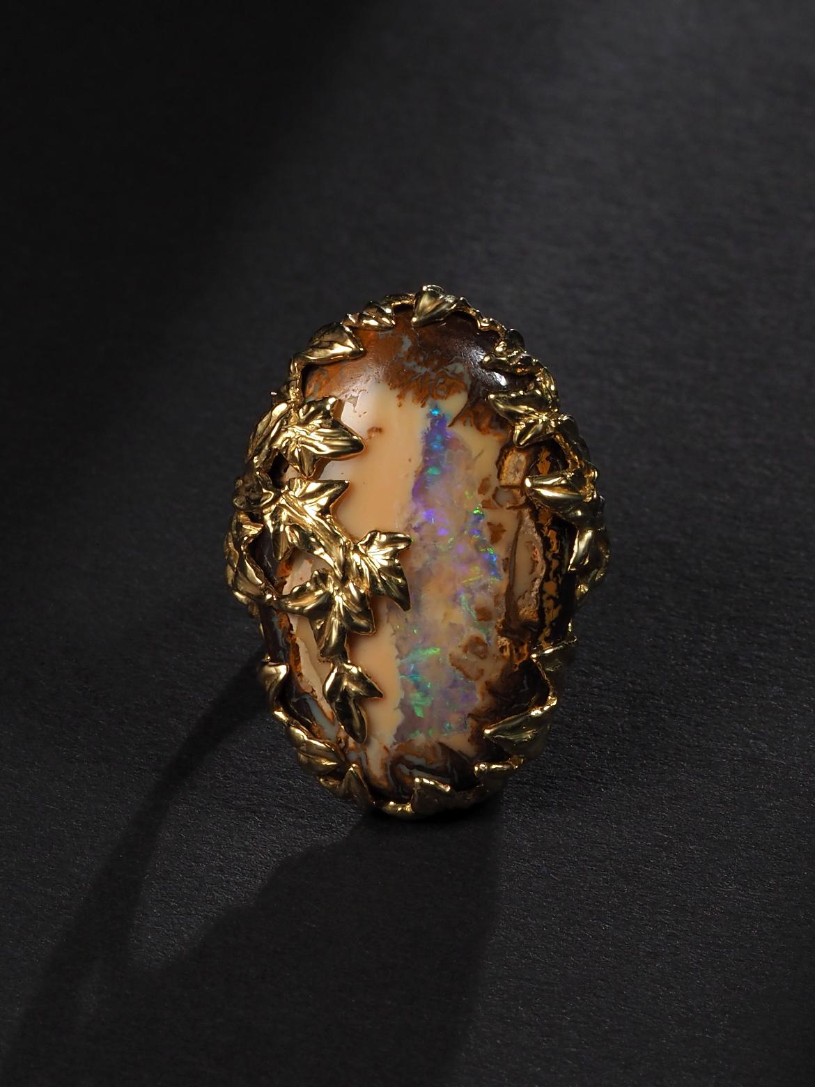 Art Nouveau Boulder Opal Ivy Gold Ring Australian Gemstone Peach Color Statement Jewelry For Sale