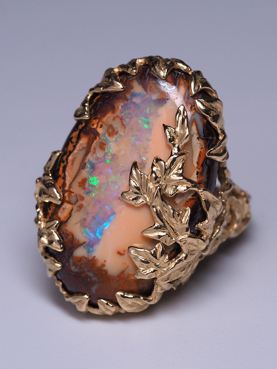 Boulder Opal Ivy ring Australian opal gemstone Peach Color 15 carats For Sale 3