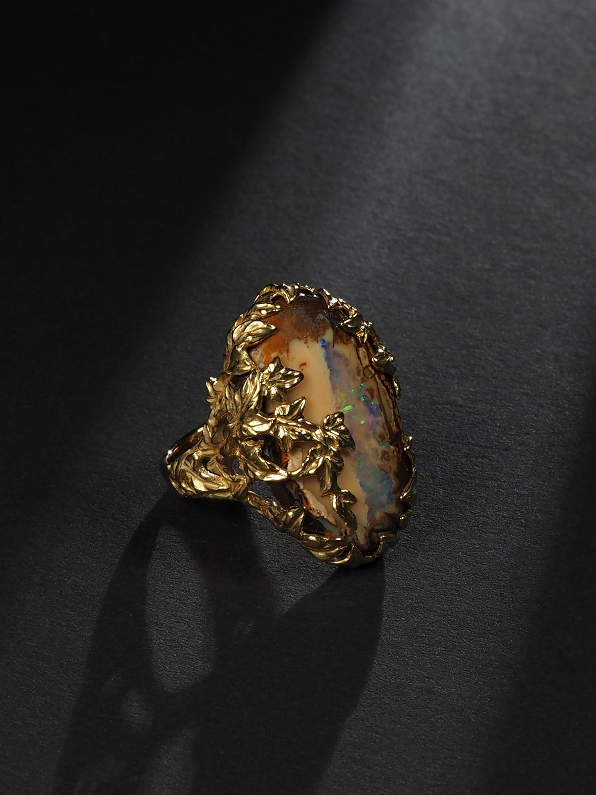 Art Nouveau Boulder Opal Ivy ring Australian opal gemstone Peach Color 15 carats For Sale