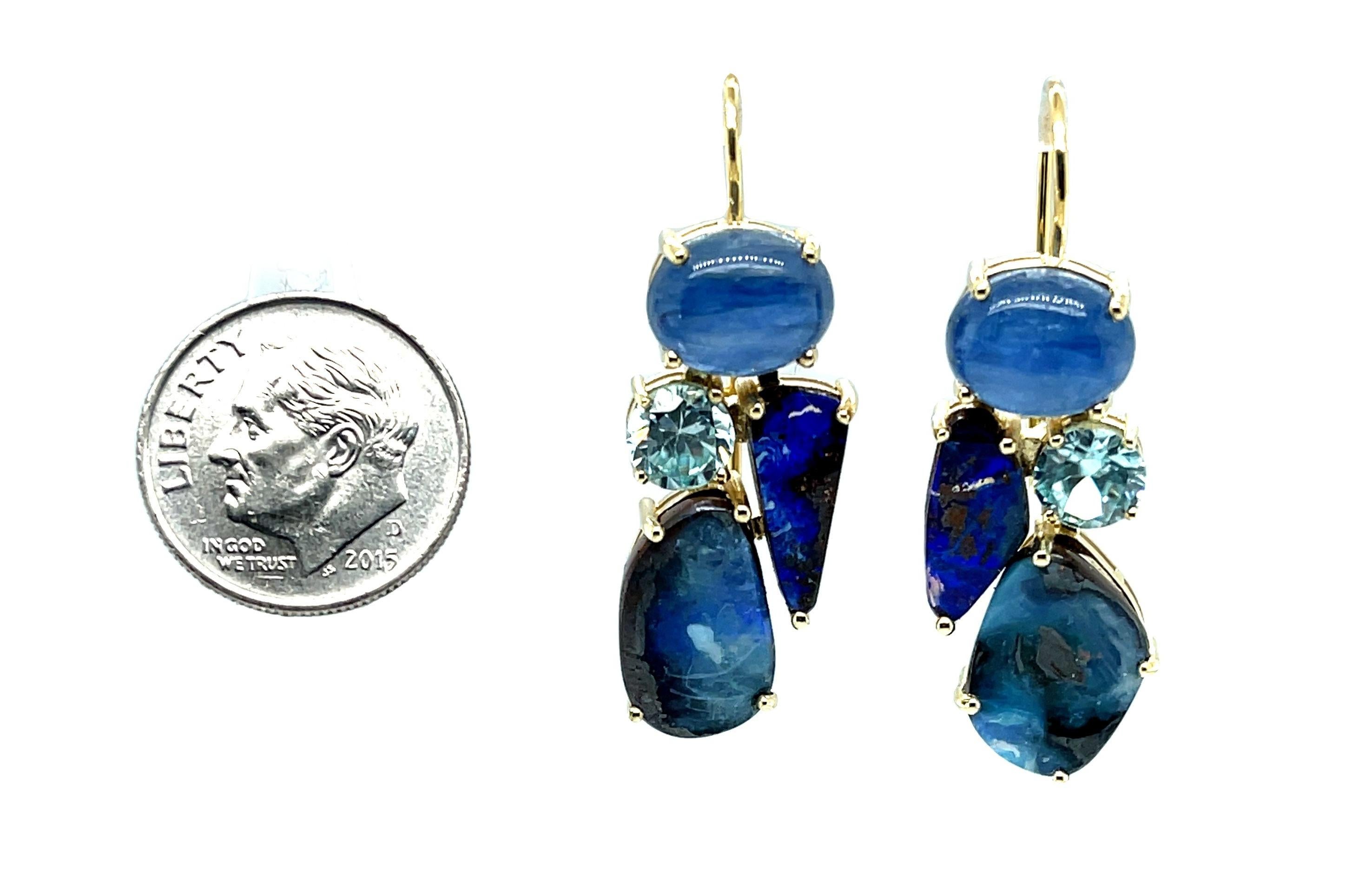 Mixed Cut Boulder Opal, Kyanite and Blue Topaz Dangle Earrings in 18k Yellow Gold