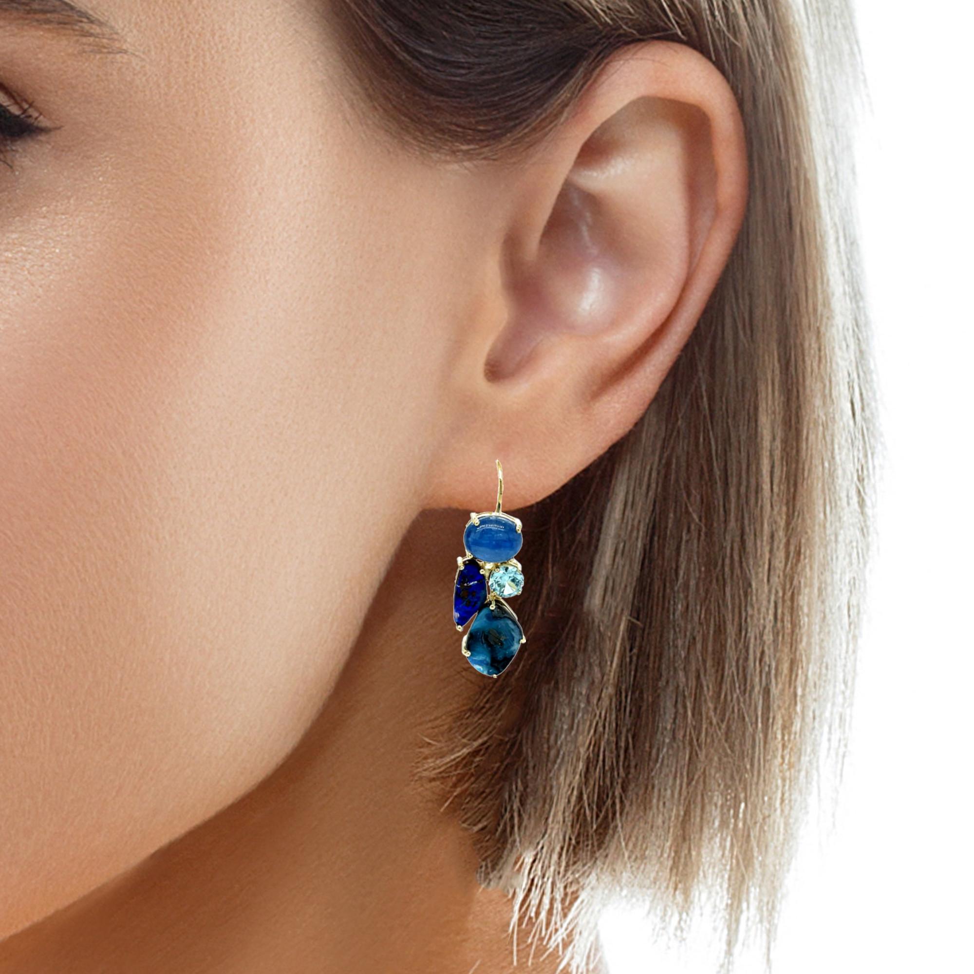 Boulder Opal, Kyanite and Blue Topaz Dangle Earrings in 18k Yellow Gold In New Condition In Los Angeles, CA