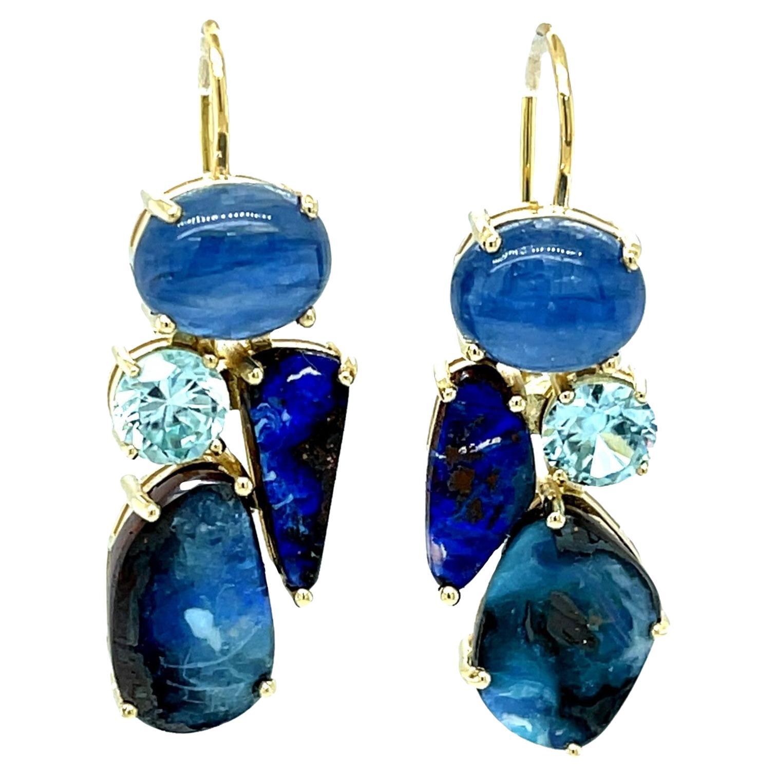 Boulder Opal, Kyanite and Blue Topaz Dangle Earrings in 18k Yellow Gold