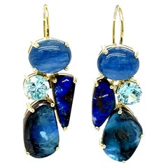 Boulder Opal, Kyanite and Blue Topaz Dangle Earrings in 18k Yellow Gold