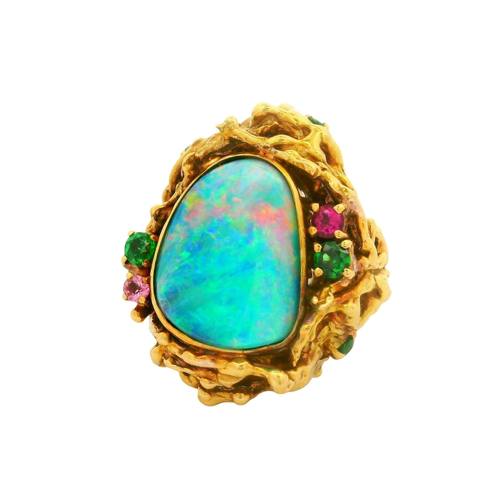 Boulder Opal Mehrfarbige Edelsteine 18K Gold Cocktail Ring (Zeitgenössisch) im Angebot