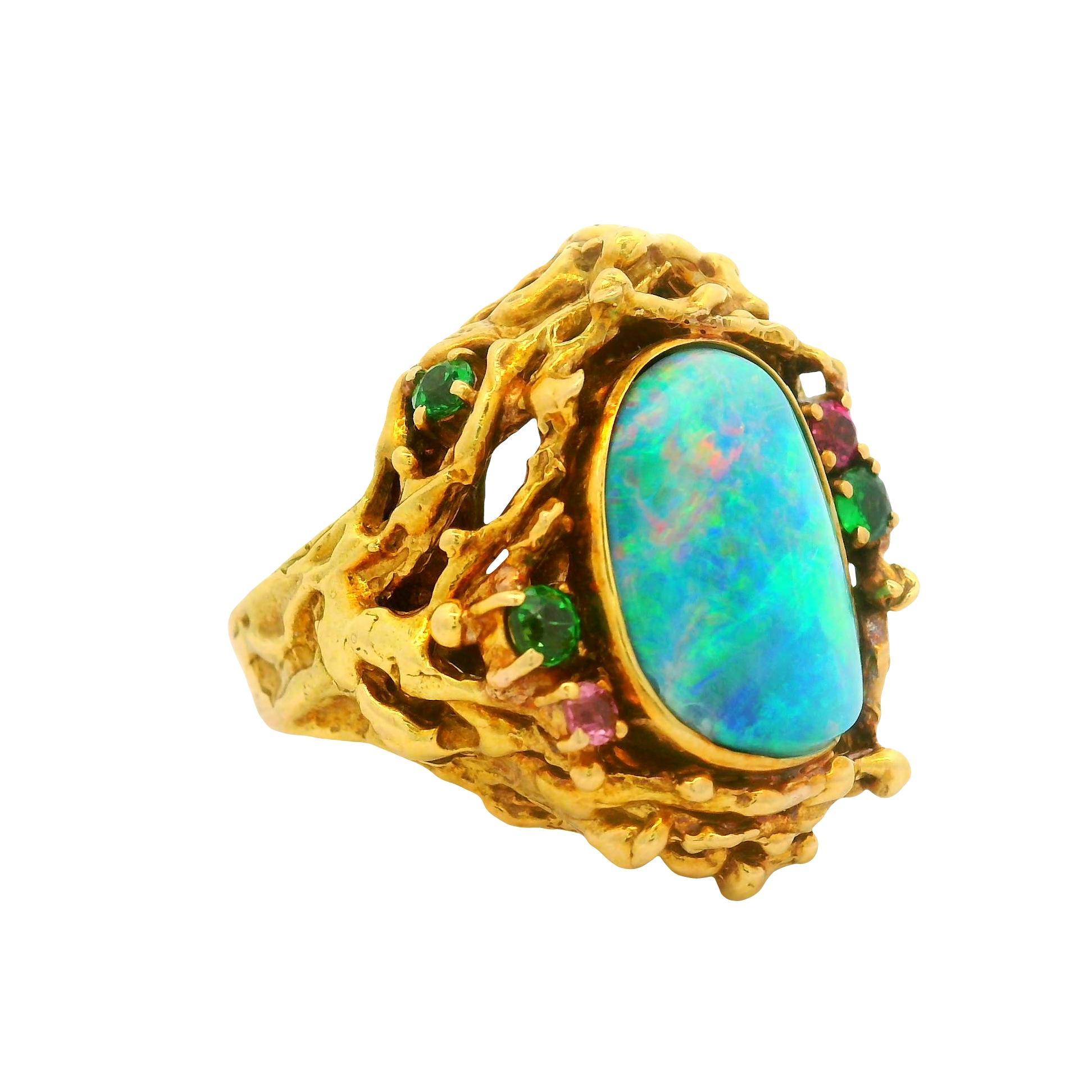 Boulder Opal Mehrfarbige Edelsteine 18K Gold Cocktail Ring (Brillantschliff) im Angebot
