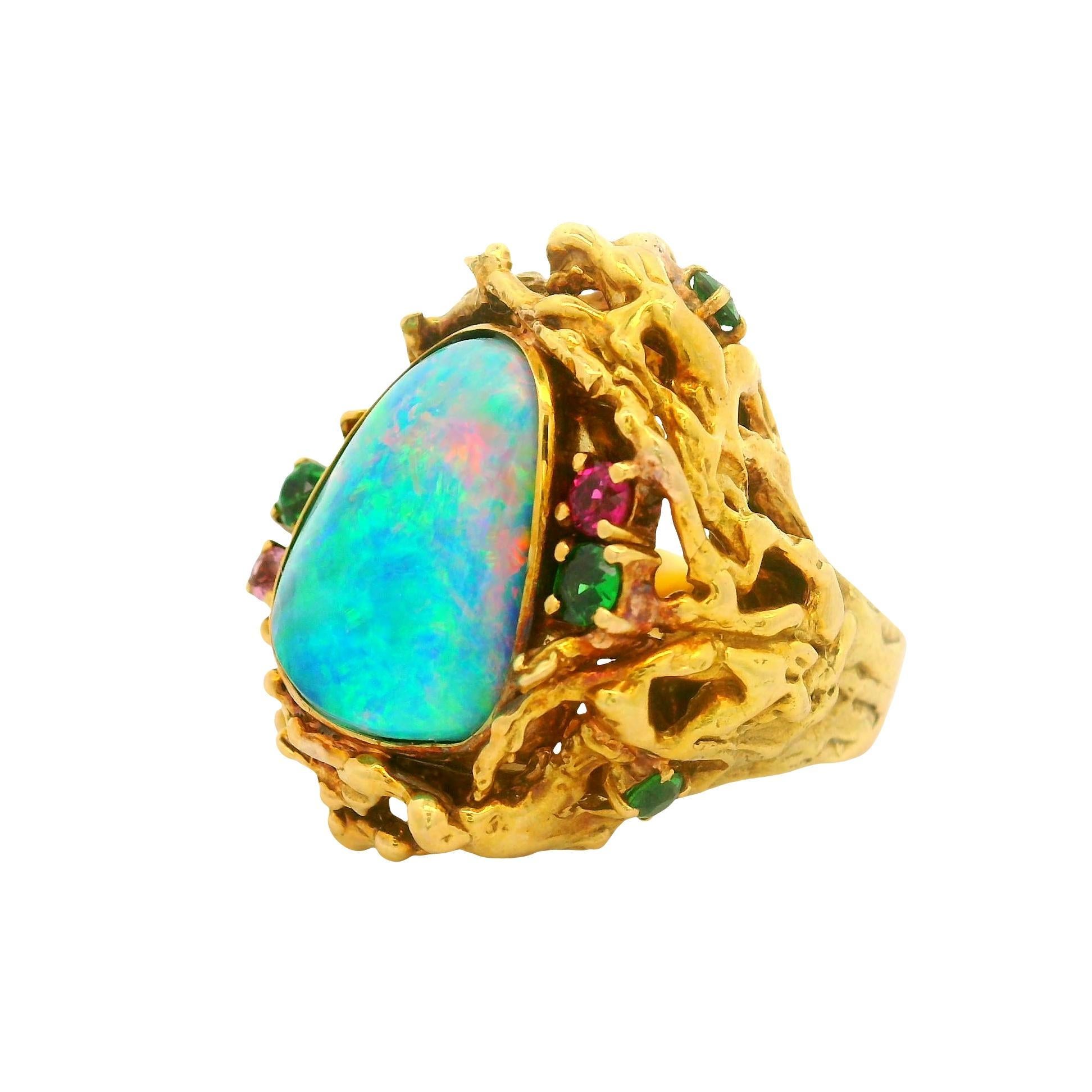 Boulder Opal Mehrfarbige Edelsteine 18K Gold Cocktail Ring im Zustand „Hervorragend“ im Angebot in Beverly Hills, CA