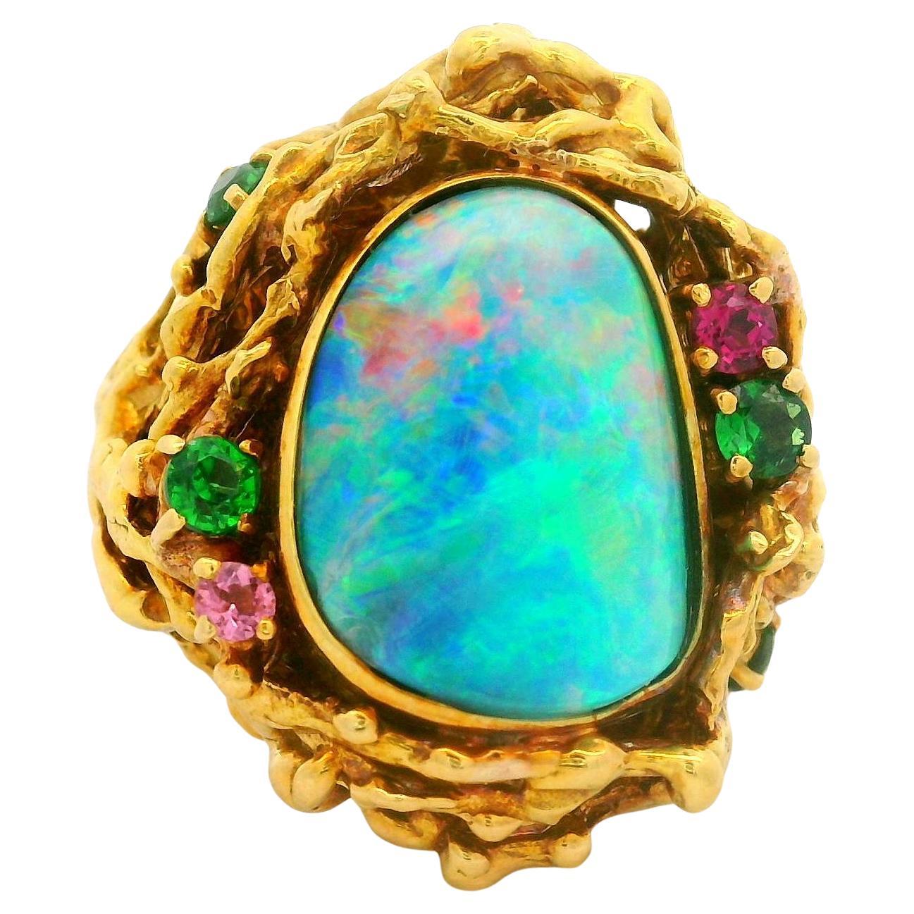Boulder Opal Multi-Colored Gemstones 18K Gold Cocktail Ring