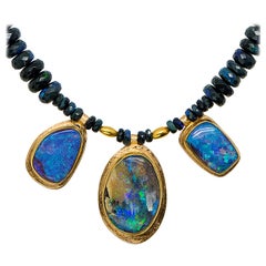 Boulder Opal Necklace Black Opal Beaded 22 Karat Gold 18 Karat Gold