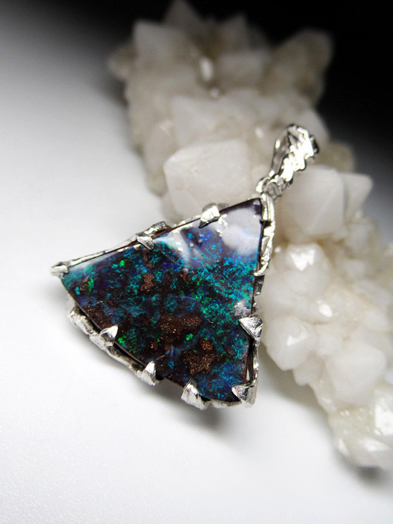 Boulder Opal necklace silver Natural Australian Blue Green Gemstone  In New Condition For Sale In Berlin, DE
