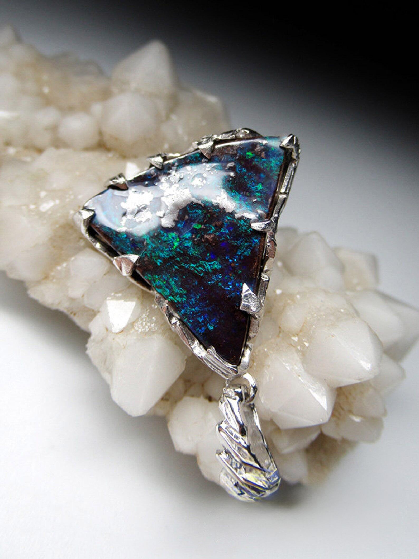 Women's or Men's Boulder Opal necklace silver Natural Australian Blue Green Gemstone  For Sale
