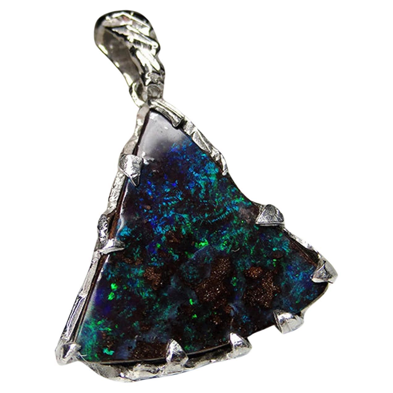 Boulder Opal Halskette Silber Natürlicher Australischer Blauer Grüner Edelstein  im Angebot