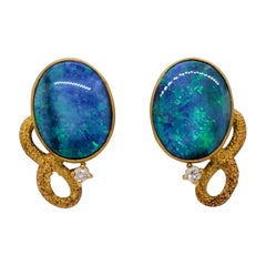 Boulder Opal Oval and White Diamond Earrings in 18k Yellow Gold