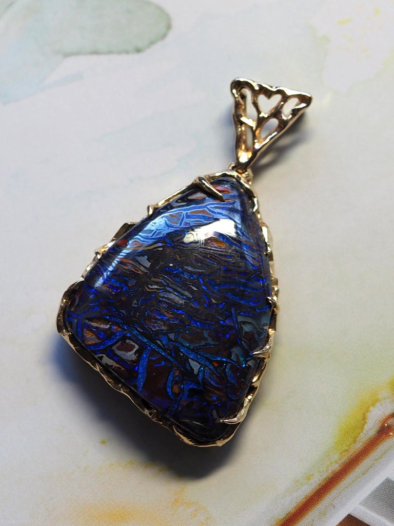 Boulder Opal Pendant 18K Yellow Gold Unisex Necklace for