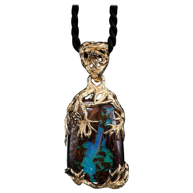 Boulder Opal Pendant In Yellow 14 Karat Gold Natural Opal Unisex Necklace For Sale At 1stdibs