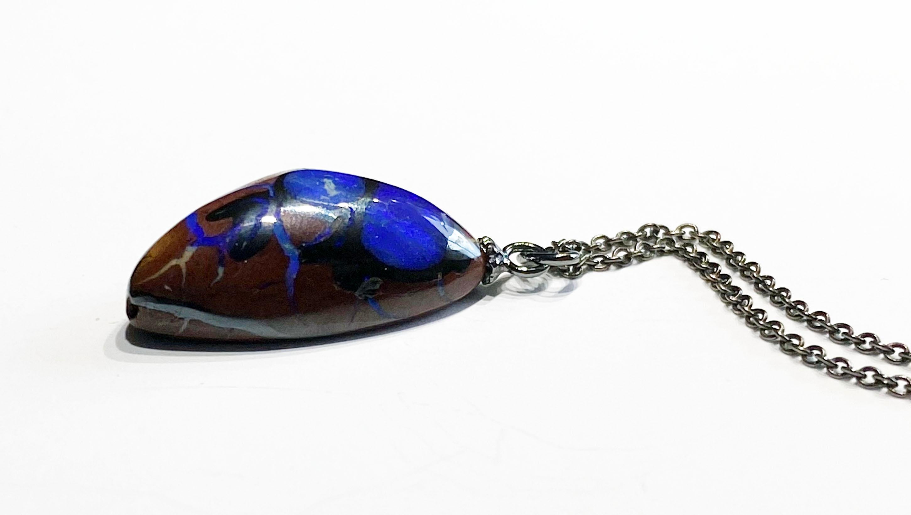 Contemporary Boulder Opal Pendant on a Blackened Silver Chain For Sale