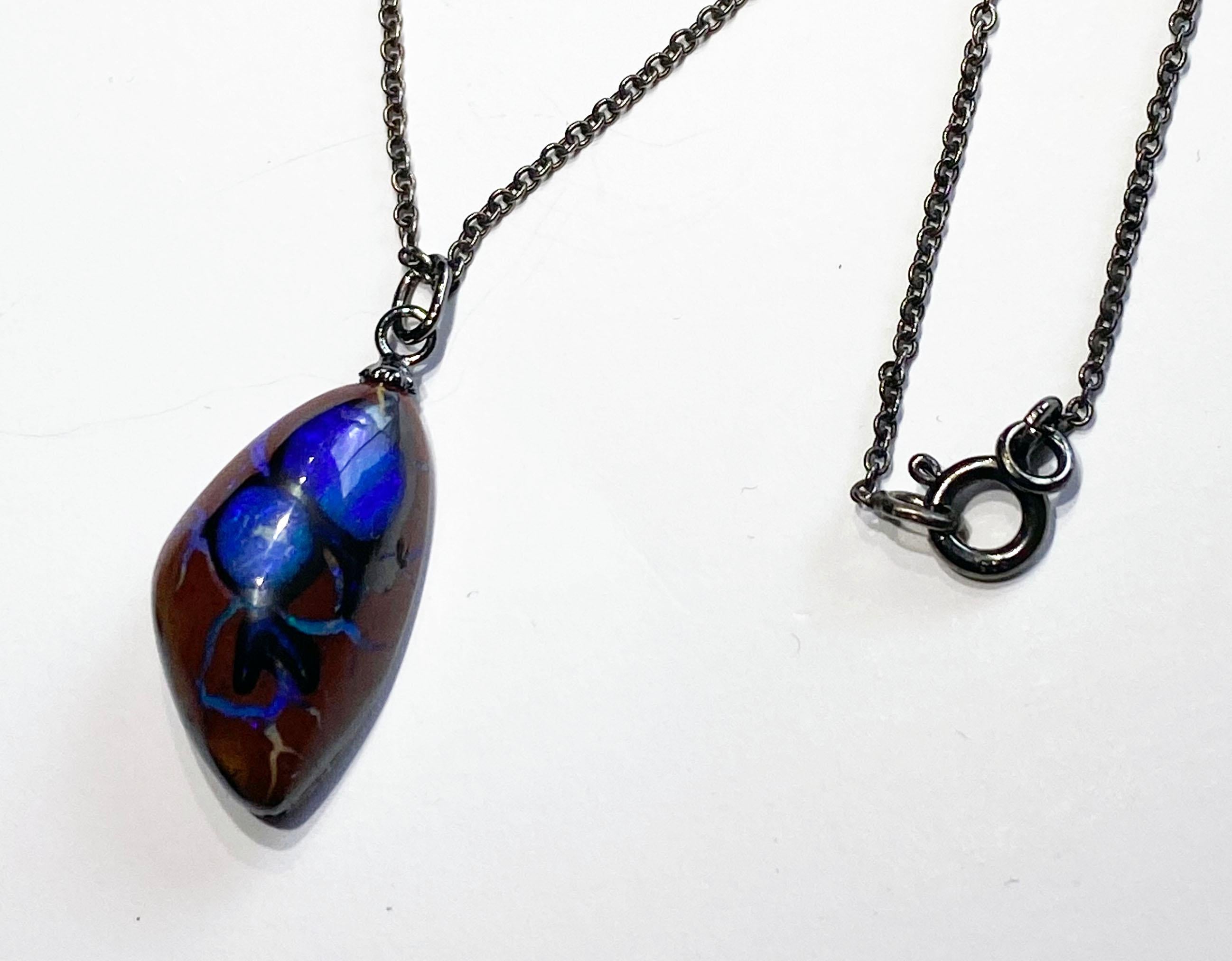 Cabochon Boulder Opal Pendant on a Blackened Silver Chain For Sale