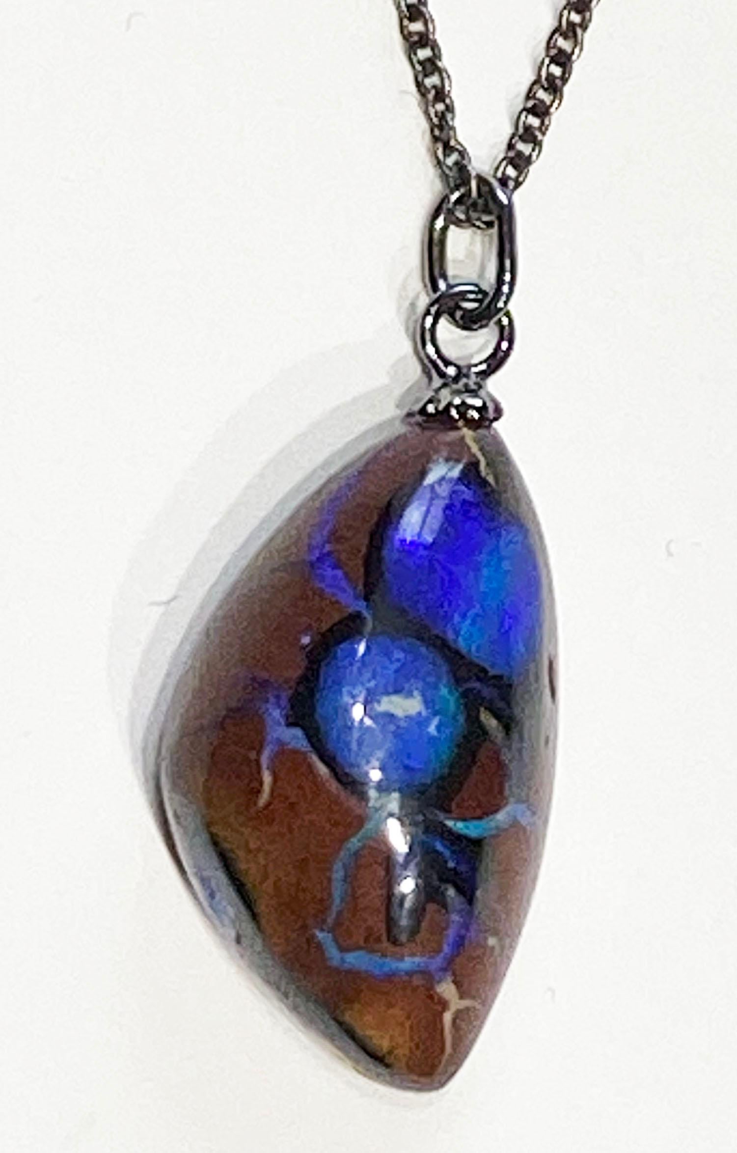 Women's or Men's Boulder Opal Pendant on a Blackened Silver Chain For Sale