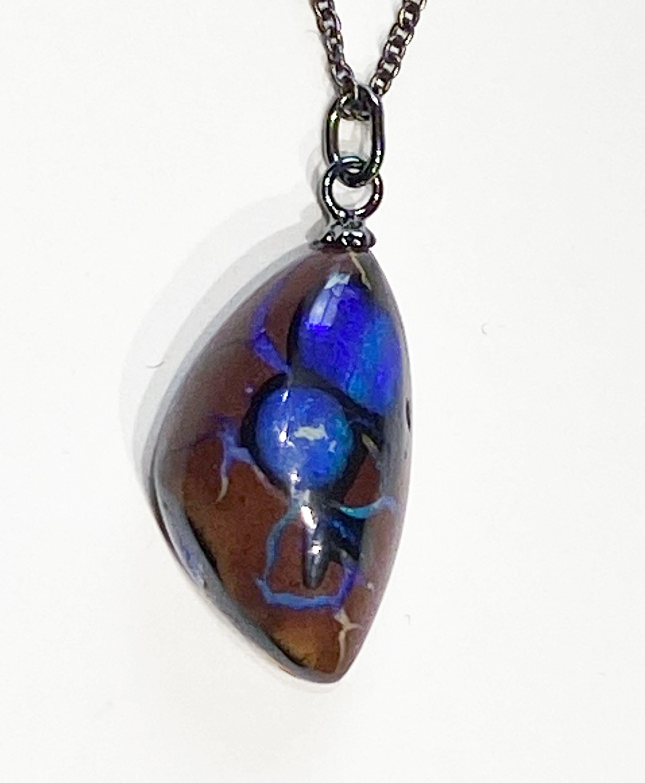 Boulder Opal Pendant on a Blackened Silver Chain For Sale 1