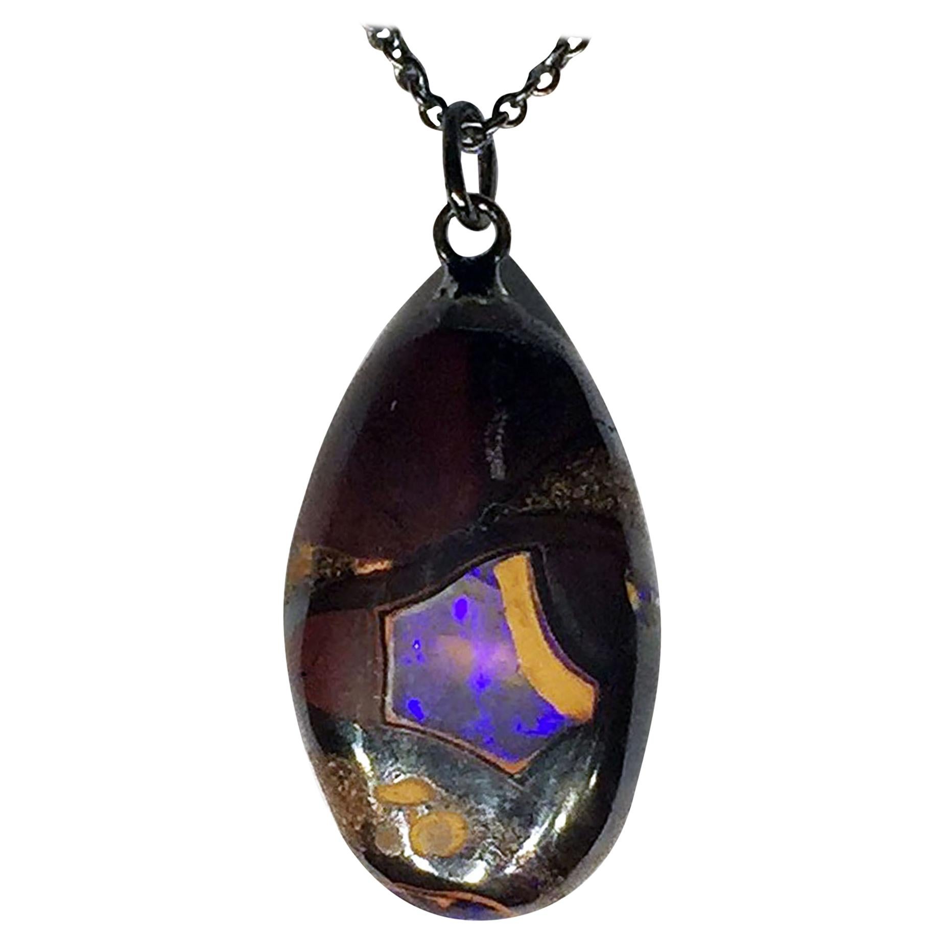 Boulder Opal Pendant on a Blackened Silver Chain