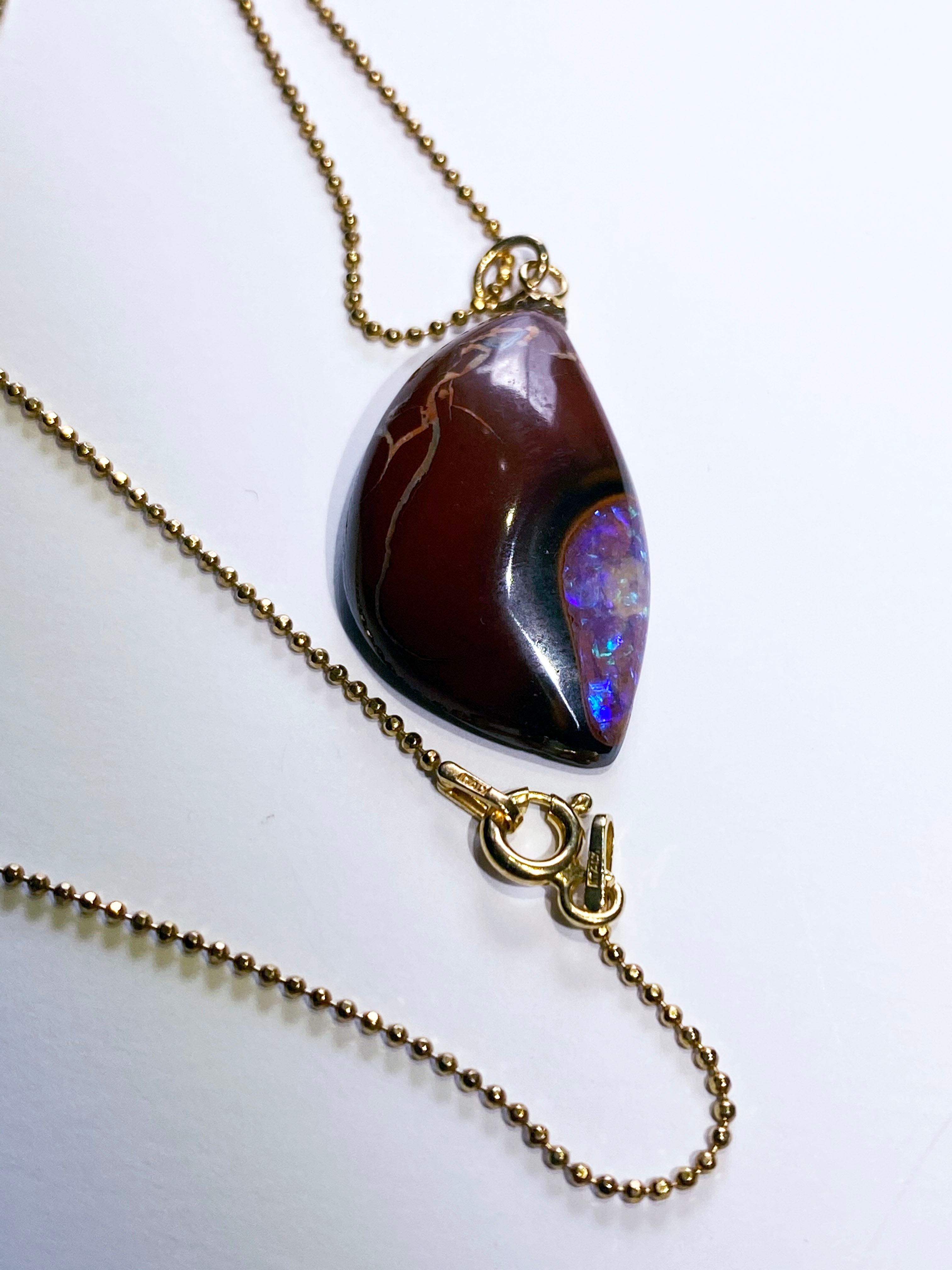 Contemporary Boulder Opal Pendant on a Gold-Plated Silver Chain For Sale